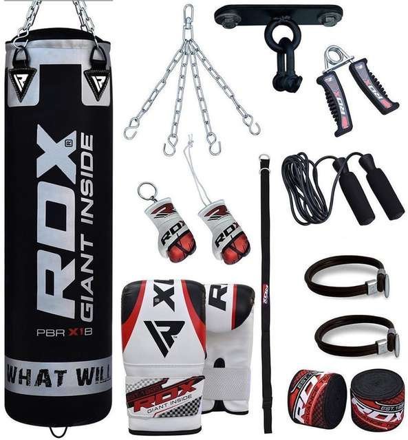 KIT BOXING CONTENDO SACO DE PANCADA COM ESTRUTURA INTERNA ALMOFADADA E ESTRUTURA EXTERNA EM PU DE 120CM, PAR DE LUVAS COM PARTE INTERNA EM TECIDO DE MALHA RESPIRAVEL E PARTE EXTERNA EM PU, TREINADOR DE FORCA DE AGARRO, CORDA, CINTA EMBALADA A MAO, GANCHOS GIRATORIOS EM ACO INOXIDAVEL, PARAFUSOS DE ESPANSAO, MOSQUETAO, CORRENTE DE ACO, 1 PAR DE PROTETORES DE PULSO, 1 PAR DE MANOPLAS DE PULSO, 1 PAR DE PROTETOR DE PALMA, 1 PAR DE PROTETORES DE TORNOZELO E 1 FAIXA DE CABEÇA = BXGL-268-B-2